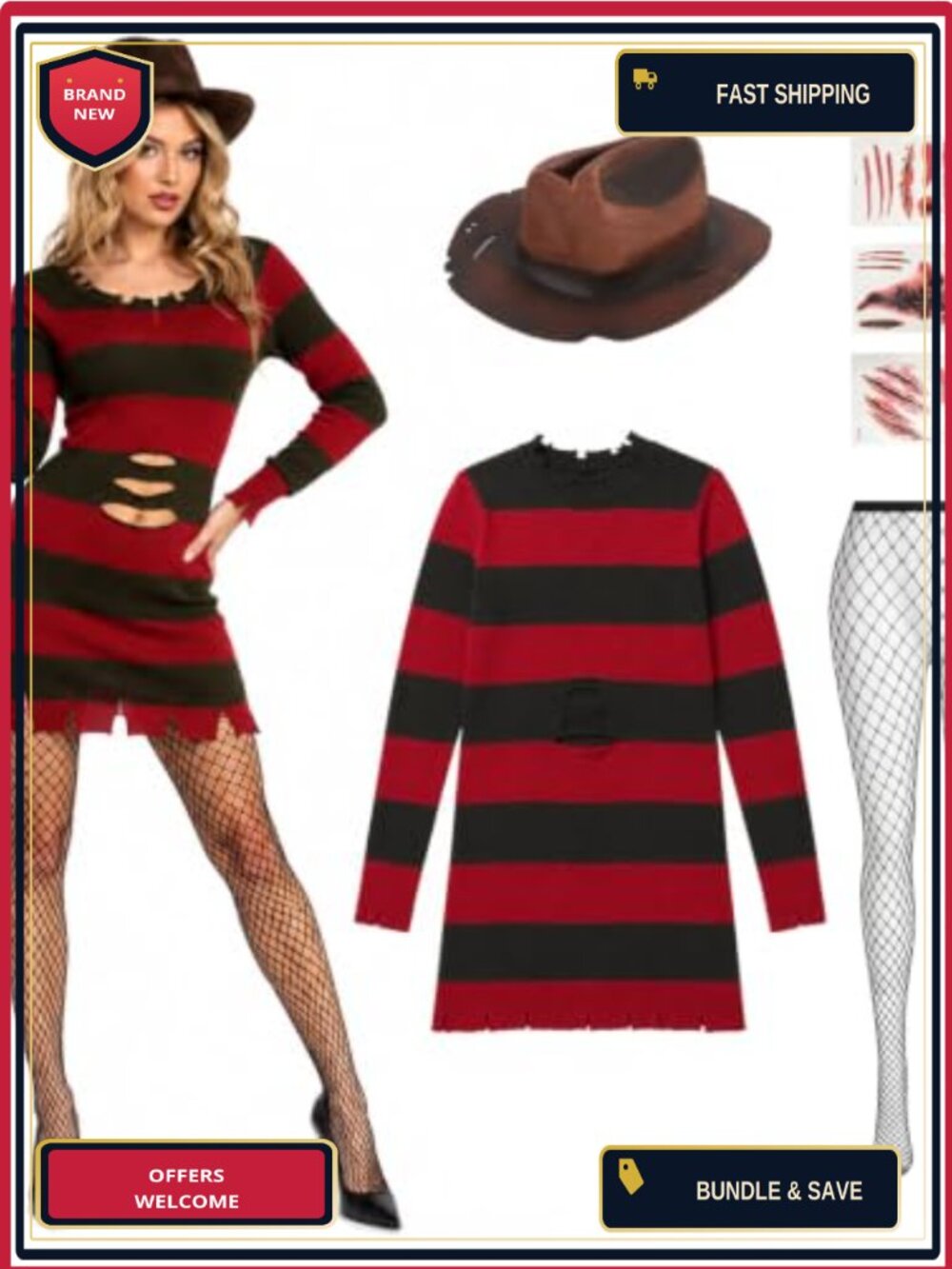 7PCS Sexy Killer Cosplay Sweater Dress Set Knitted Halloween Horror Costume
